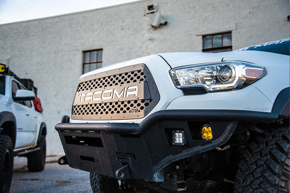 DB Customz Metal Grille Insert on White 3rd Gen Tacoma Overland Build