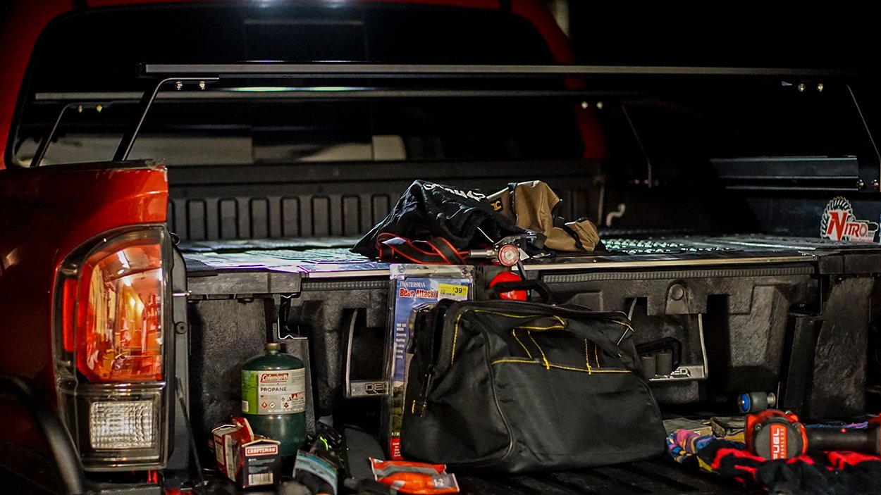 3rd Gen Tacoma with Front Runner Bed Bars and Decked Truck Bed Storage Drawers 