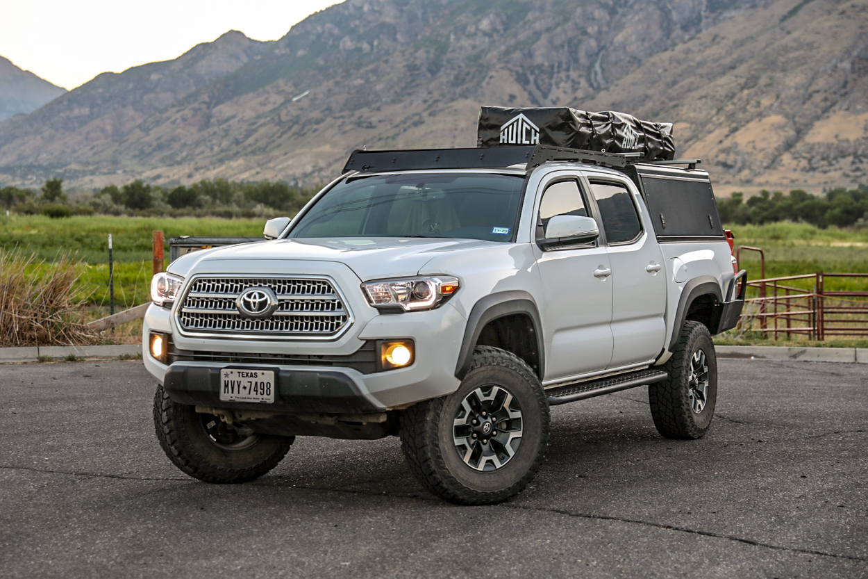 Lifted Super White 3rd Gen Tacoma with Rooftop Tent, AluCab Explorer Canopy & Prinsu Designs Roof Rack