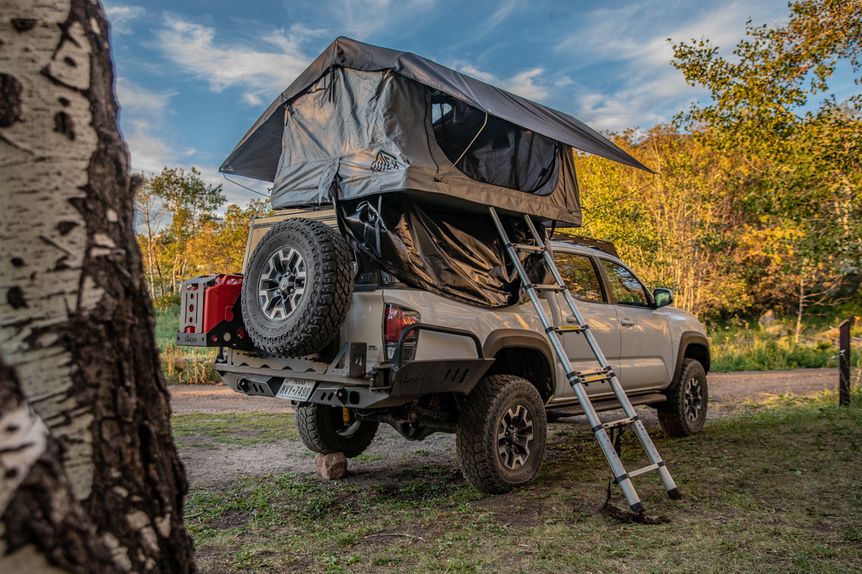 Lifted Super White 3rd Gen Tacoma with Hutch Tents Daly 2 Rooftop Tent