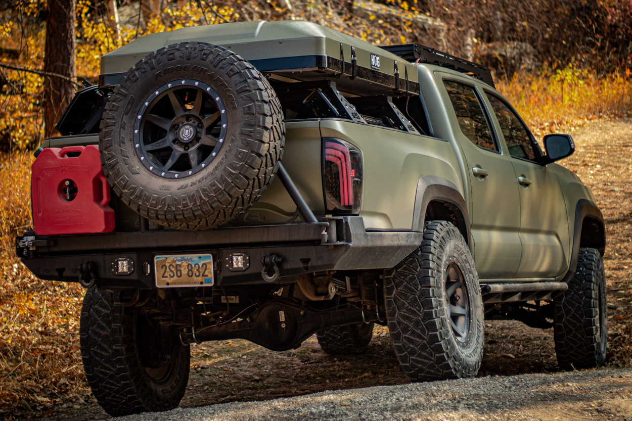  Lifted 3rd Gen Tacoma with ATH Fabrication High Clearance Rear Bumper with Swing-Out Tire Carrier