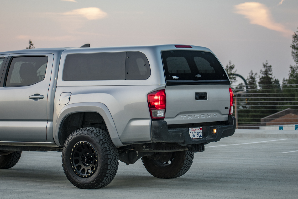 Silver Sky Metallic Color-Matched SnugTop Super Sport Truck Bed Cover on 3rd Gen (2016+) TRD Sport Tacoma 4x4 - Luxury, OEM-Style Camper Shell