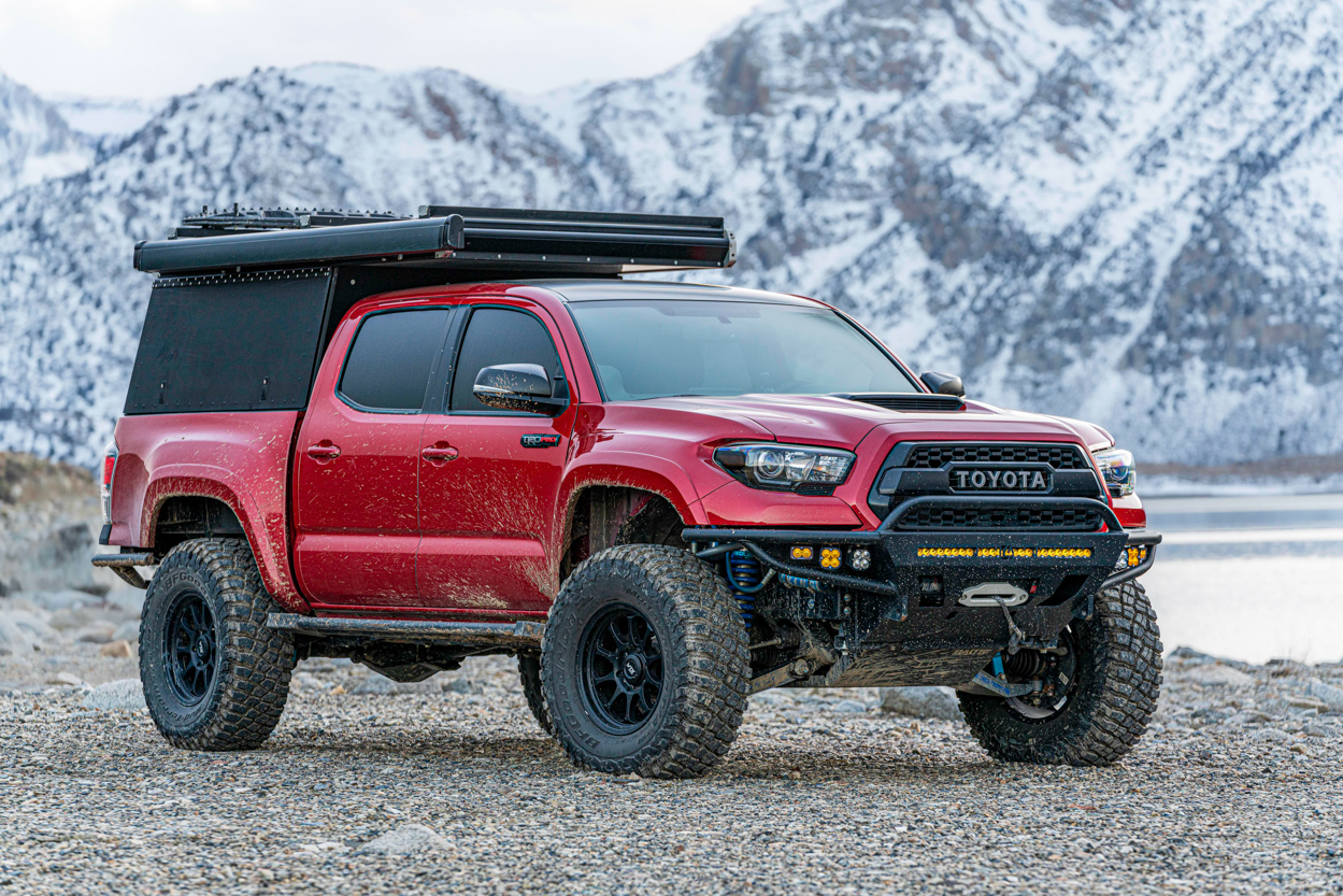 Lifted Barcelona Red Metallix 3rd Gen TRD Pro Tacoma with GFC Camper