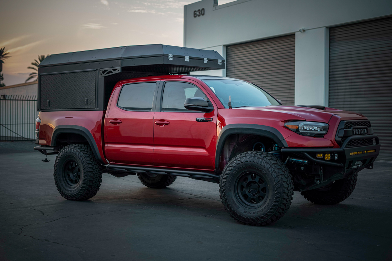 Long Travel Barcelona Red TRD Pro 3rd Gen Tacoma with AluCab Camper