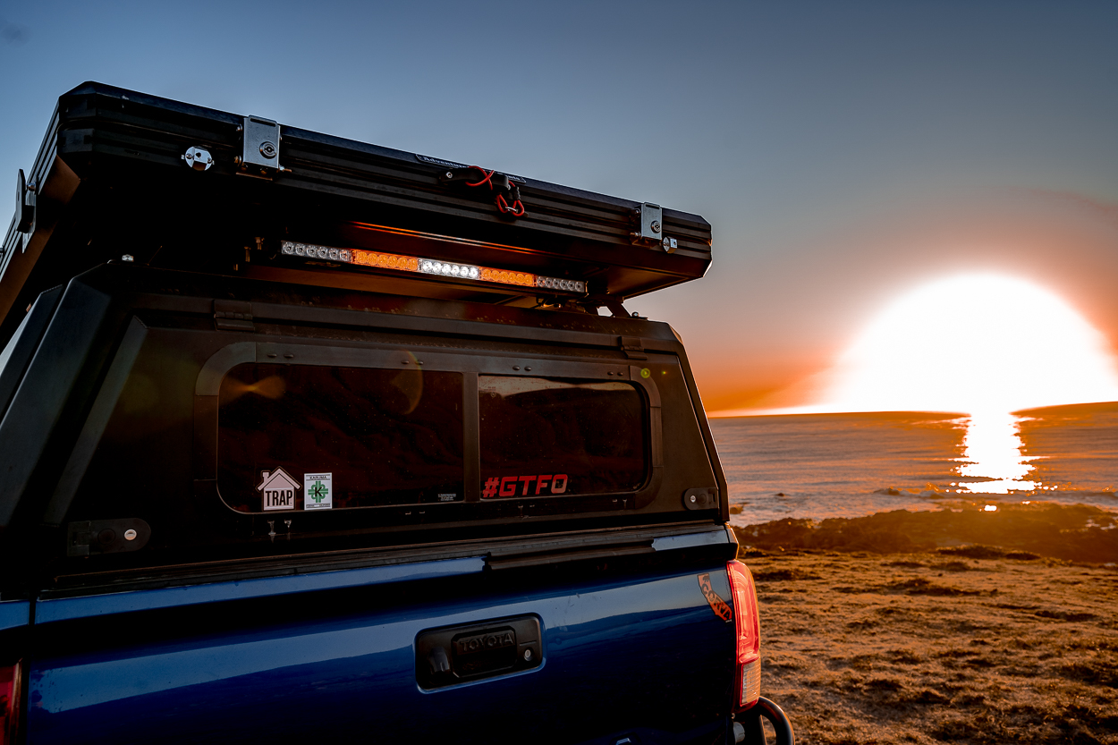 Multi Color LED Chase Light Bar on Lifted 3rd Gen Tacoma with AreaBFE Rooftop Tent