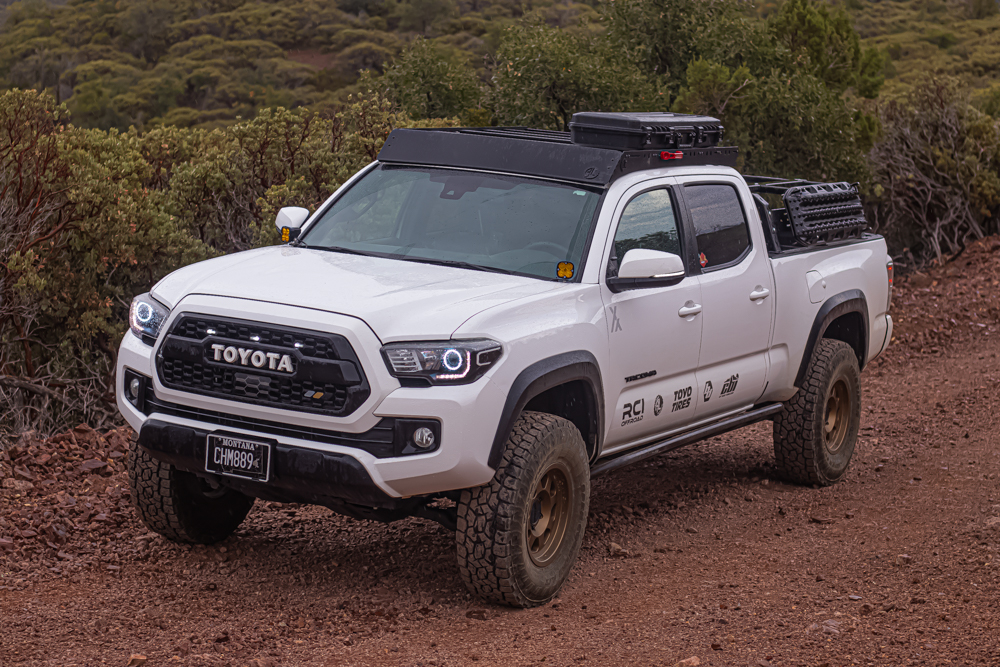 Lifted Double Cab Long Bed Super White 3rd Gen Tacoma with 33" Tires & Bed Rack with Maxtrax