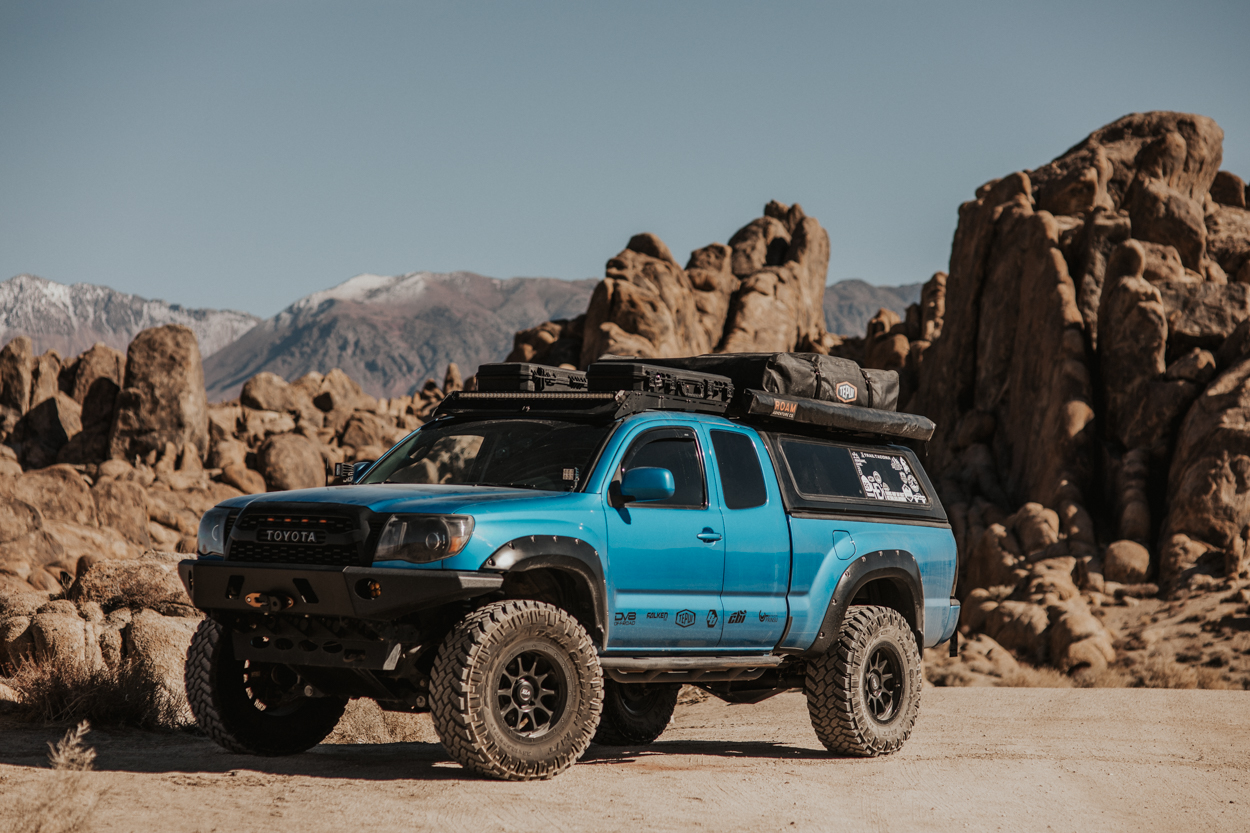 Lifted Speedway Blue Access Cab Tacoma with VTX Wheels, Prinsu Roof Rack & Tepui RTT