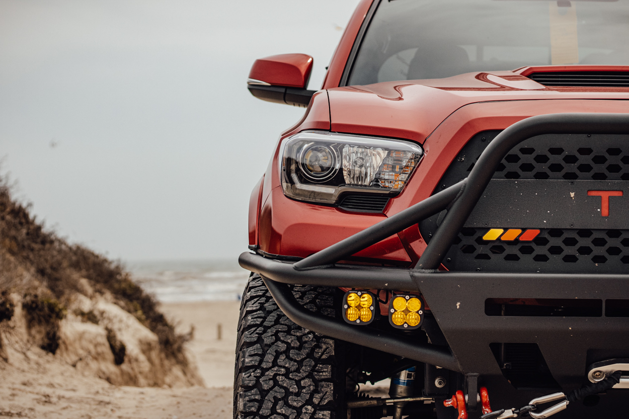 Barcelona Red Metallic 3rd Gen Tacoma with USR Blacked Out LED Headlights & C4 Front Hybrid Bumper with Baja Designs LEDs
