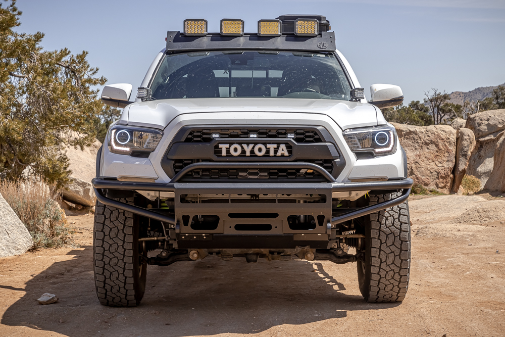 Super White 3rd Gen Tacoma with BAMF High Clearance Hybrid Front Bumper, AL Offroad Roof Rack & Ironman 4X4 LED Lights