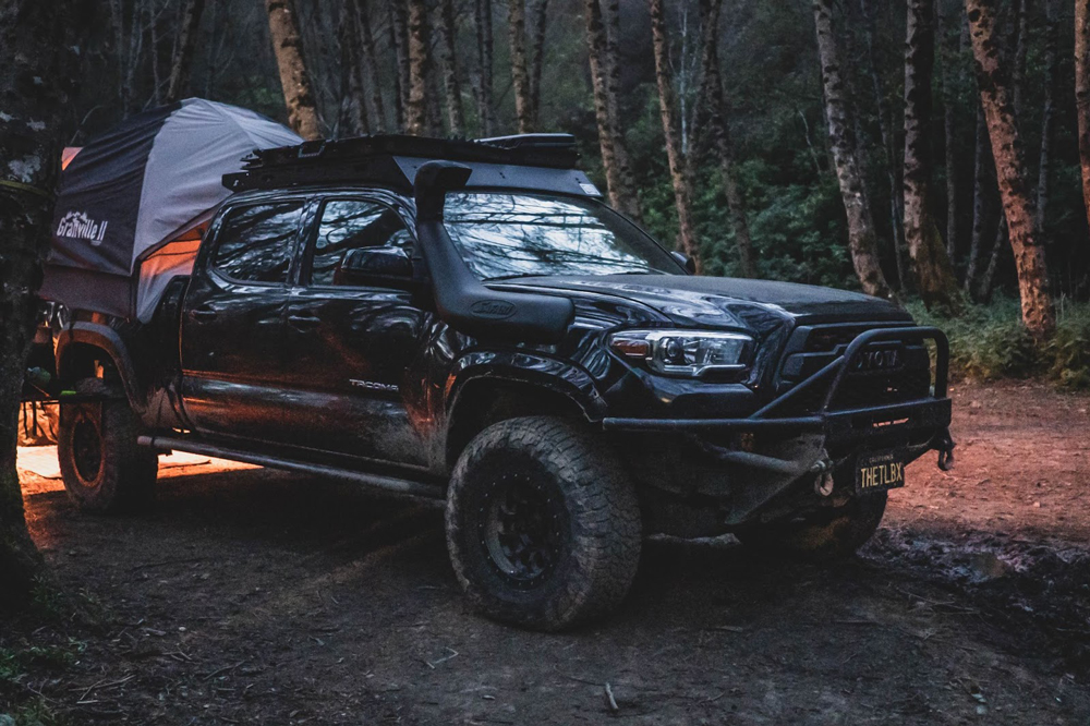 Lifted 3rd Gen Tacoma with Hybrid Front Bumper, Truck Bed Tent & Prinsu Designs Roof Rack