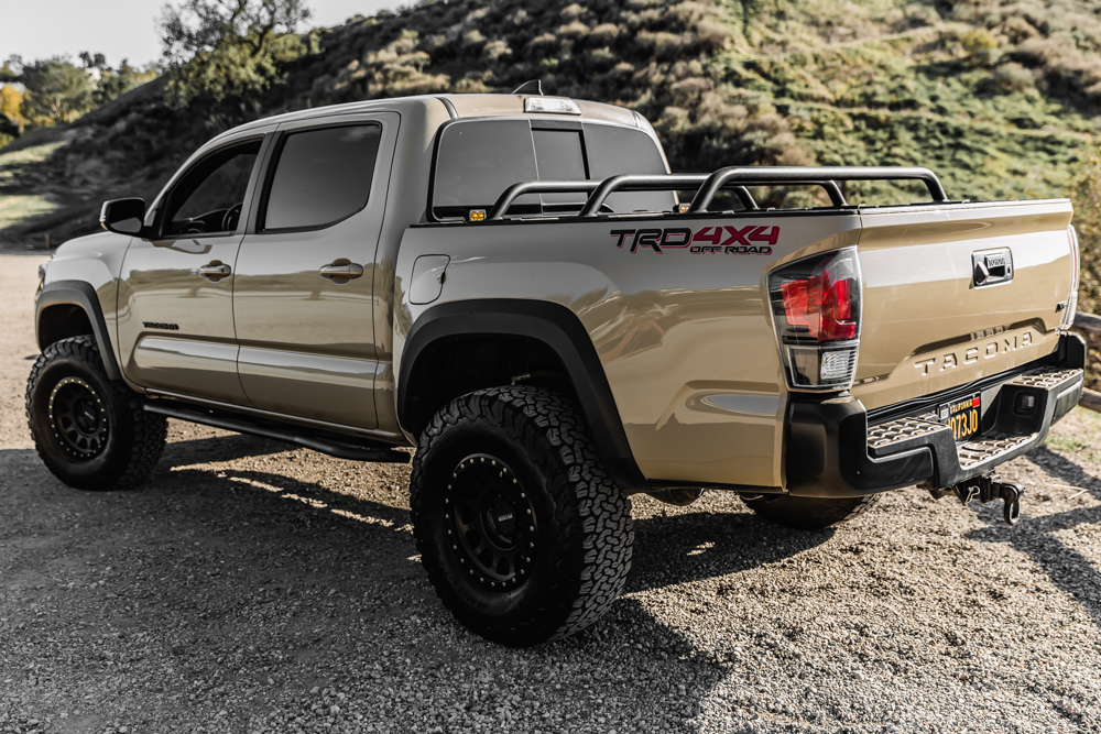 LIfted Quicksand 3rd Gen Tacoma with Relentless Fabrication Bed Cargo Cross Bars & TRD Pro Taillights