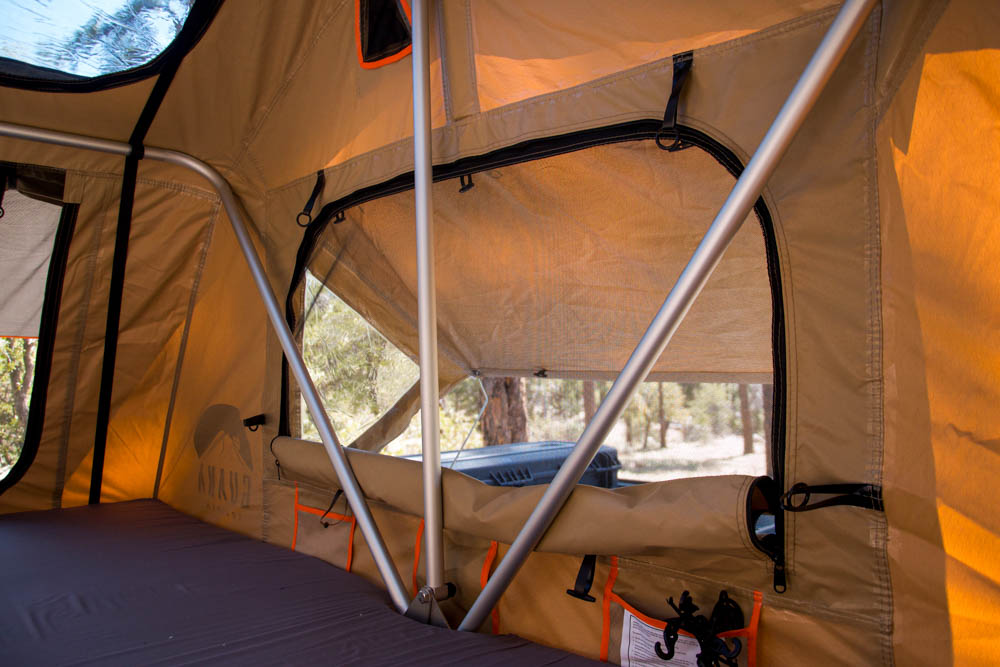 Guana Equipment rooftop tent/rtt with 600D waterproof canvas, taped seams, and YKK zippers