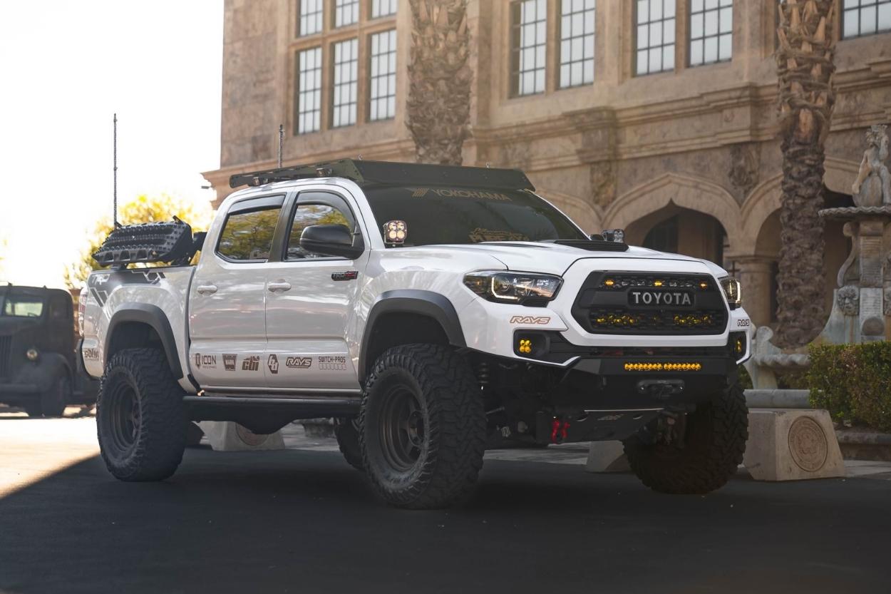 Super White Tacoma TRD Pro with Baja Designs, Prinsu Roof Rack, SDHQ Sliders & Rays Wheels