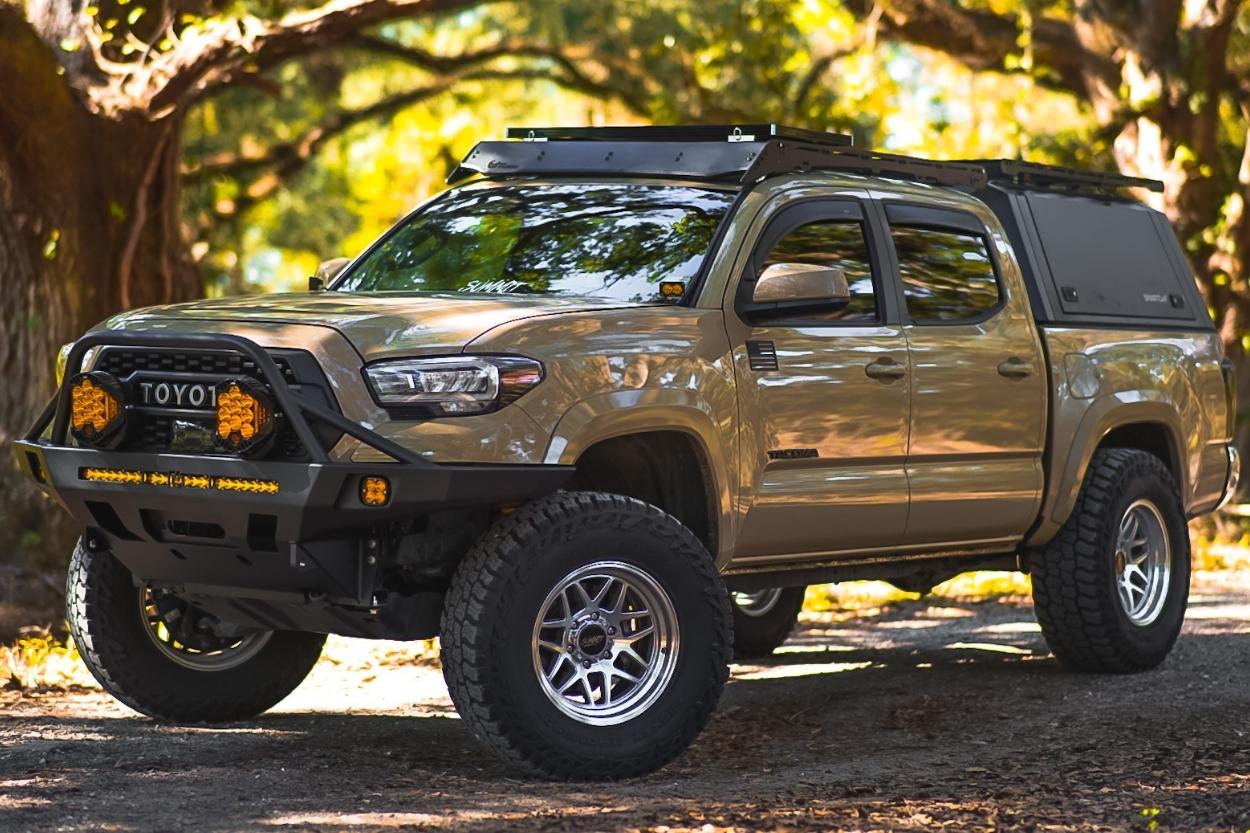 Quicksand Tacoma with Summit Sierra Machined Wheels, Mickey Thompson Baja Boss A/T, C4 Fabrication Overland Bumper, Baja Design S8 & Prinsu Rack