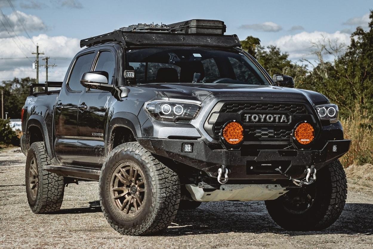 Lifted MGM Tacoma with Icon Wheels, Pathfinder PROWLR Driving LED Lights & Backwoods Adventure Mods Front Bumper