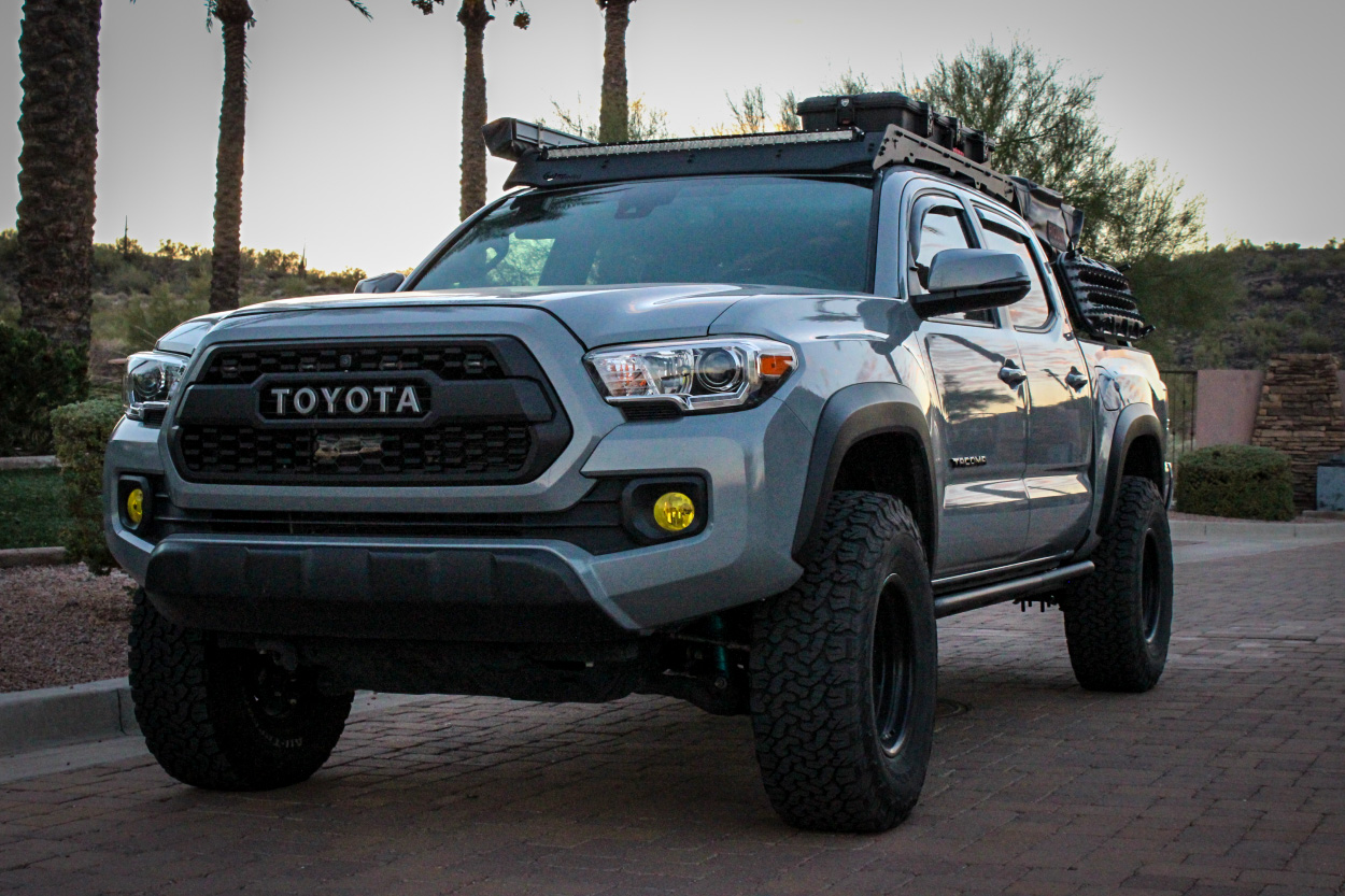 Cement 3rd Gen Tacoma with TRD Pro Grille with Color Matched Letters & Prinsu Roof Rack