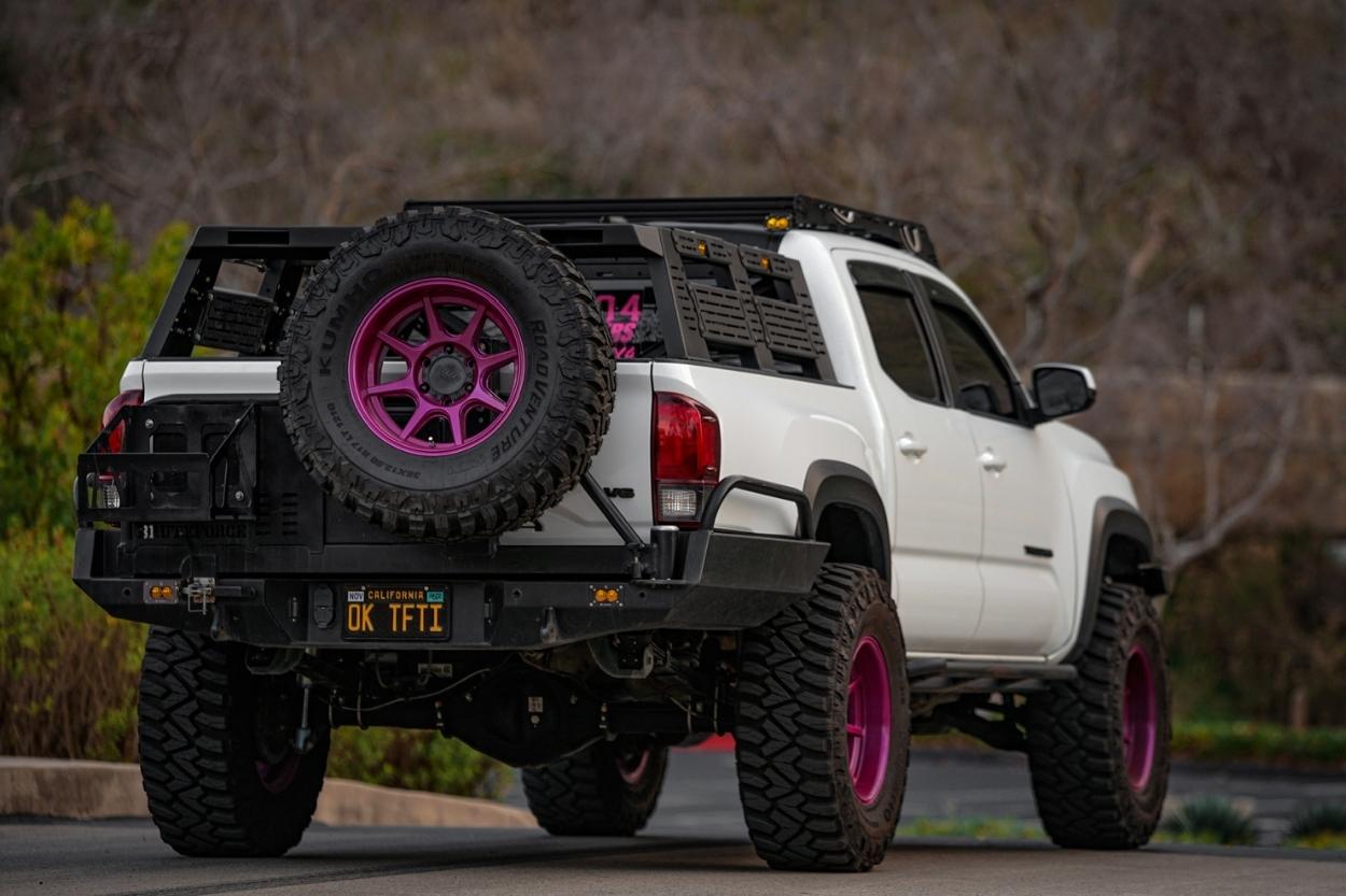 Lifted Super White 3rd Gen Tacoma with Brute Force Fab Rear Bumper & Falcon Wheels