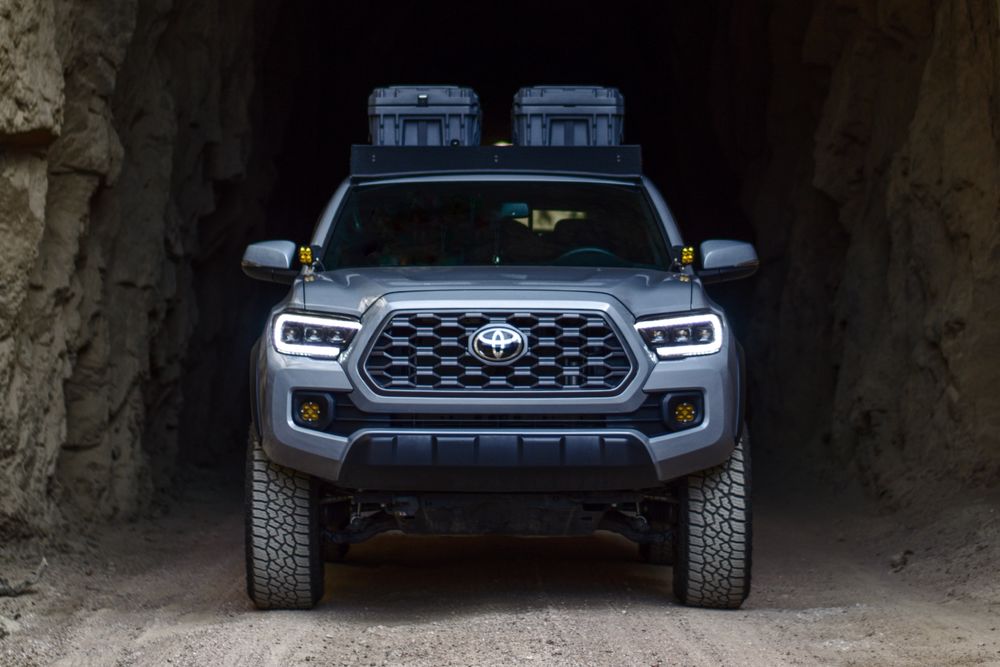 Cement 3rd Gen Tacoma with Morimoto Headlights & Aluminum Extrusion Bar Roof Rack