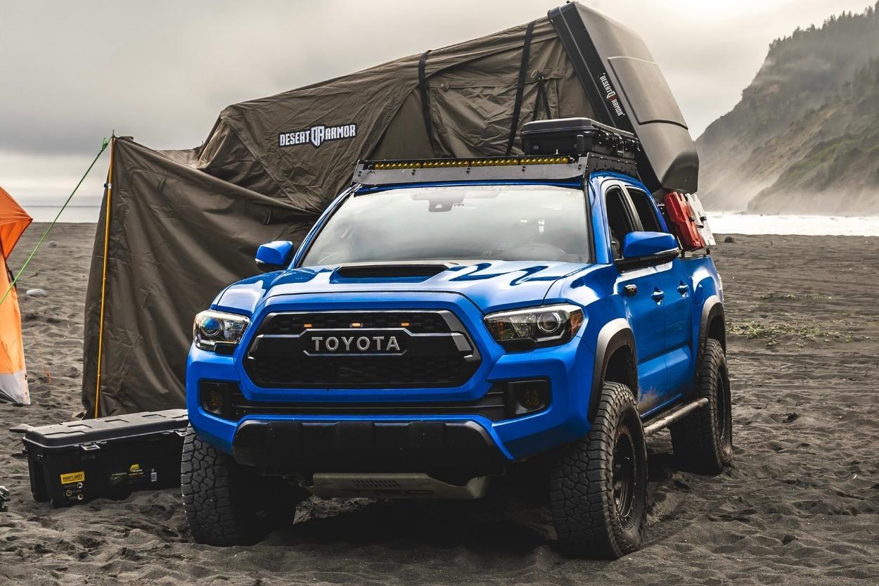 Voodoo Blue TRD Pro 3rd Gen Tacoma with Prinsu Roof Rack & Desert Armor Rooftop Tent