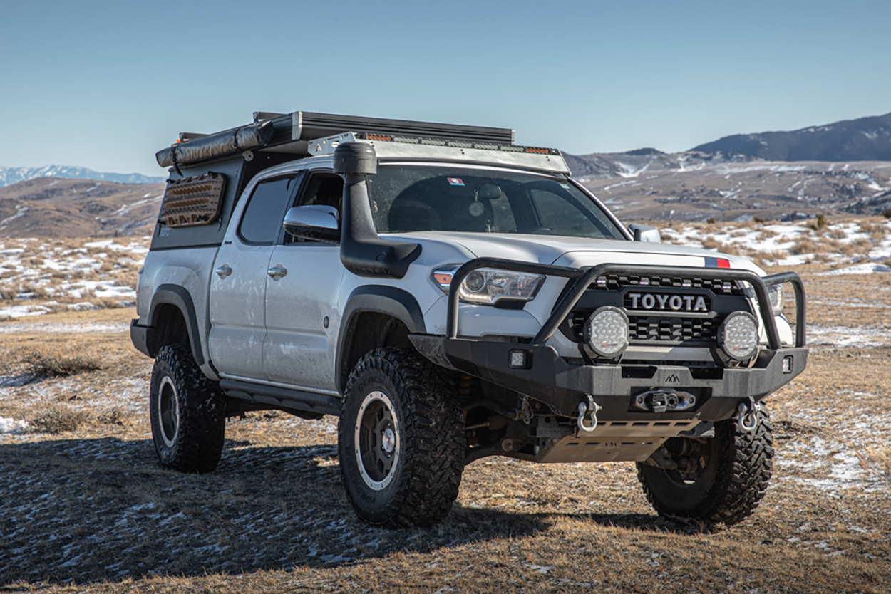 Super White 3rd Gen Tacoma with Black GFC V2 Camper, Backwoods Adventure Mods Front Bumper, Pathfinder LEDs