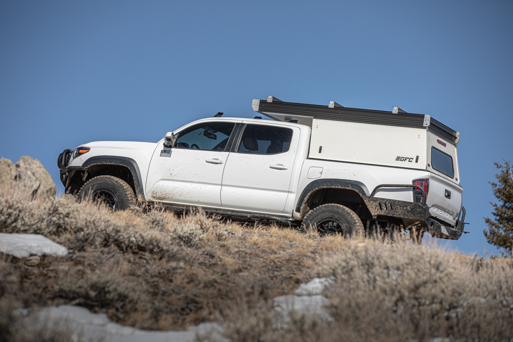 3rd Gen Tacoma with GFC V2 Truck Bed Camper with Beef Bar Crossbars