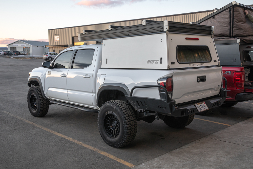 Lifted Super White 3rd Gen Tacoma with White GFC Camper