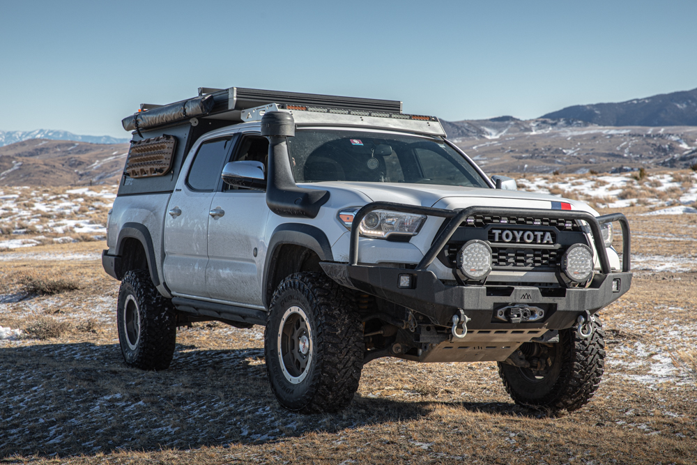 3rd Gen Tacoma with Black GFC, Backwoods Adventure Mods Bumper, Snorkel Upgrade, Sherpa Roof Rack