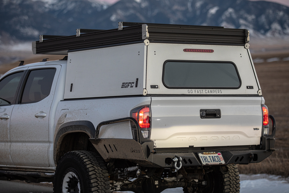 White Go Fast Camper with Optional Rear Window on Super White Toyota Tacoma