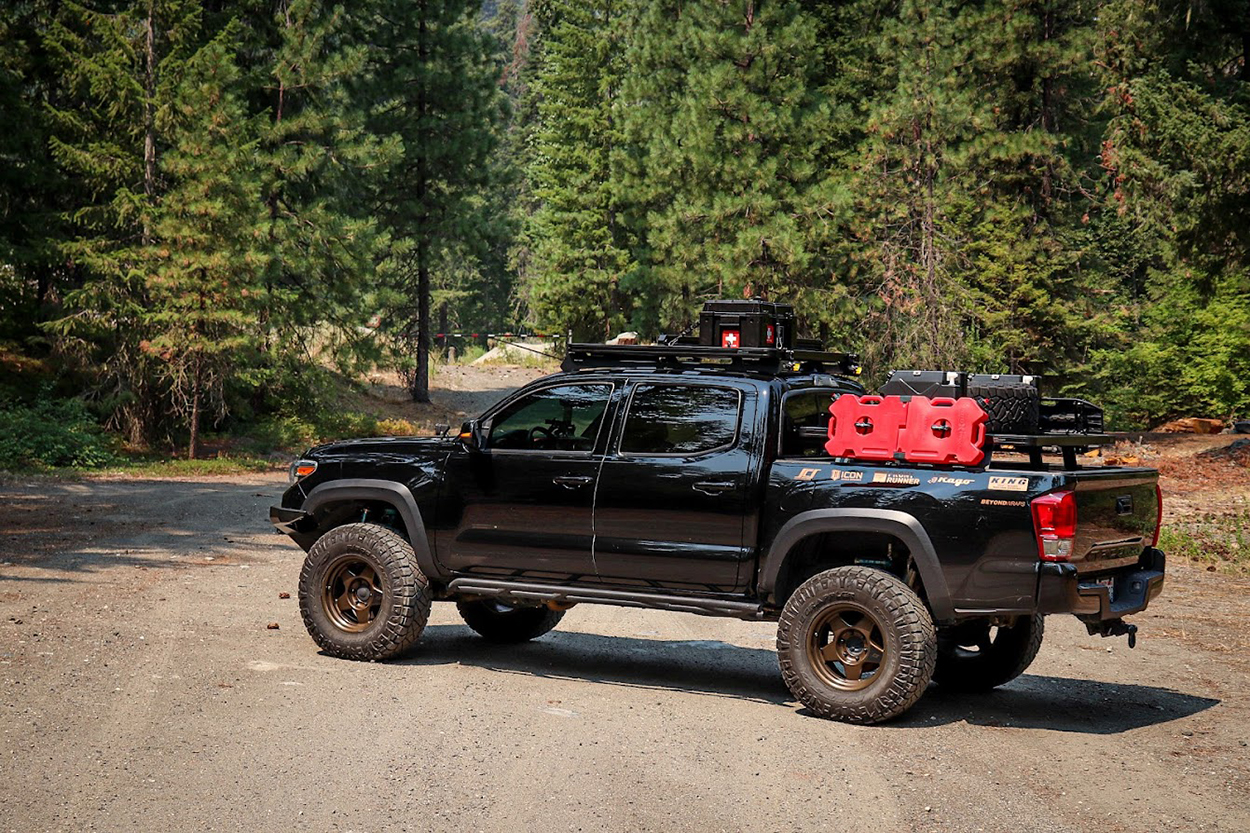 Midnight Black Metallic Tacoma with Front Runner Slimline ll Roof Rack & Front Runner Bed Rack