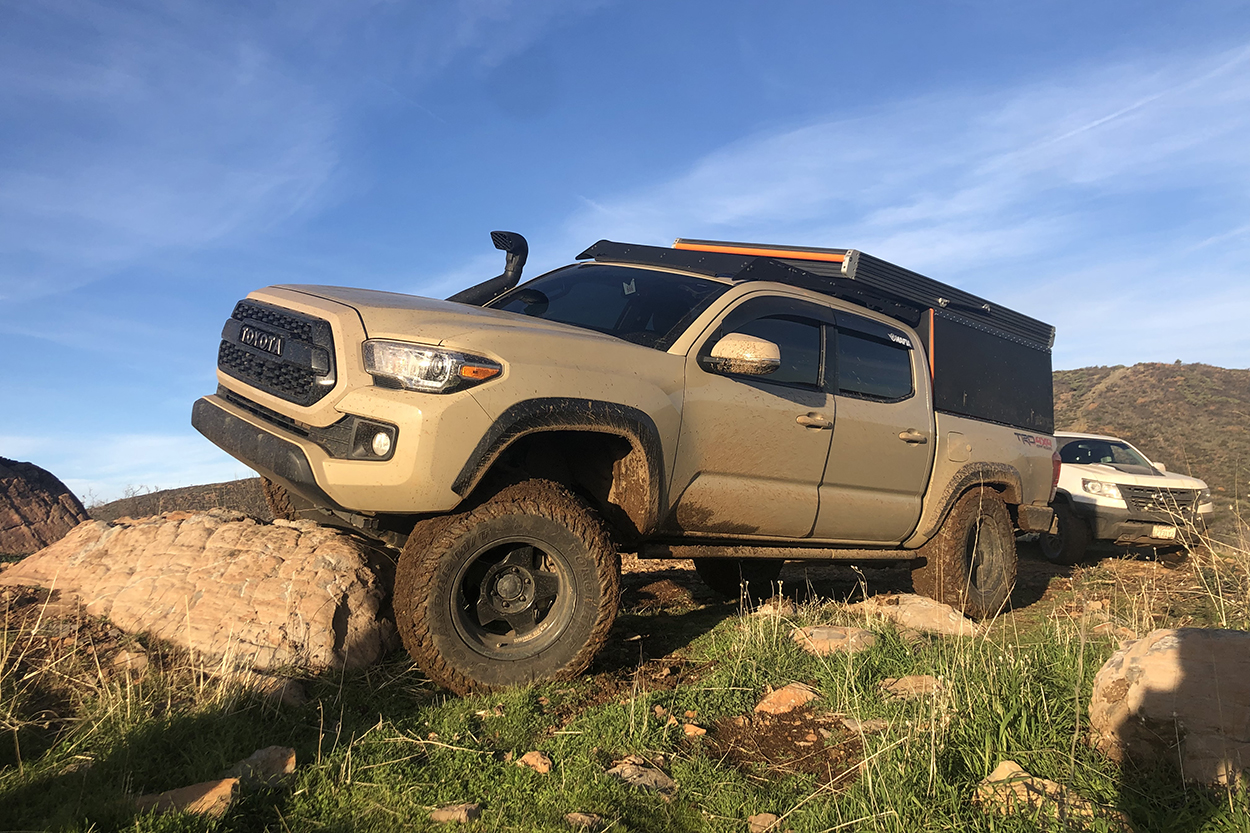 Quicksand 3rd Gen Tacoma with Black V1 GFC Platform Camper with Orange Frame