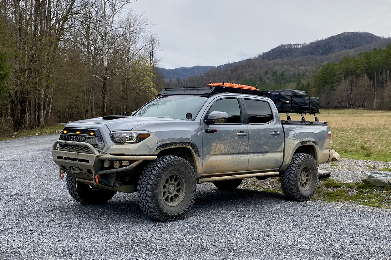 Cement TRD Pro Tacoma with RRW Hybrid front bumper and prinsu roof rack