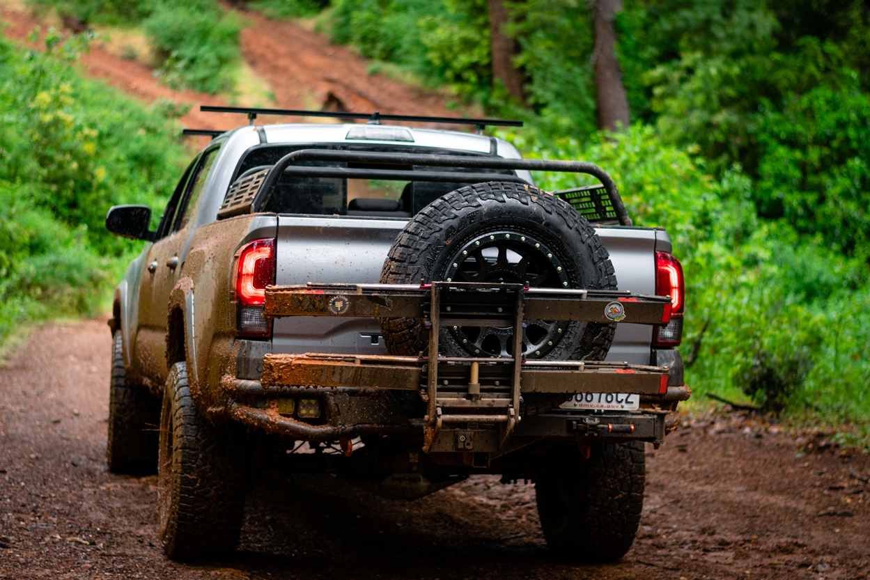 RIGd UltraSwing Tire Carrier Swingout On Silver Sky Metallic 3rd Gen Tacoma Overland Build