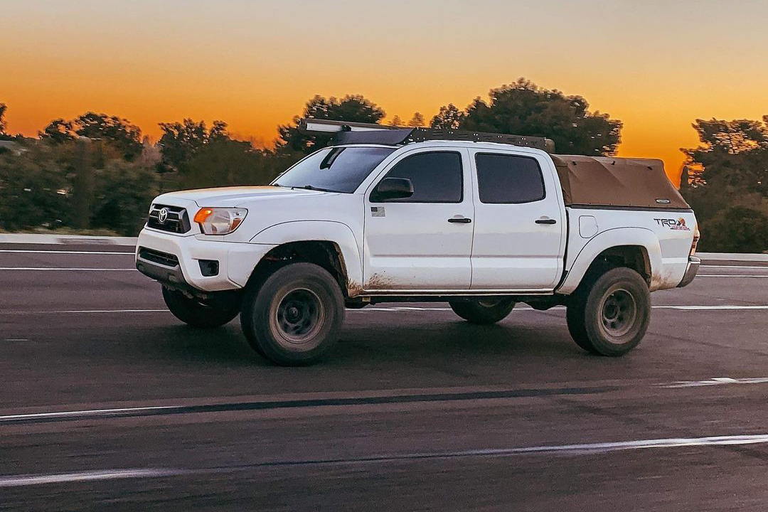 White Tacoma With Tan Softopper & Victory 4x4 Roof Rack