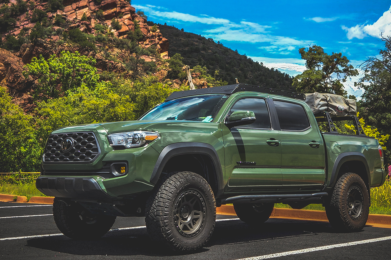 Army Green 3rd Gen Tacoma With Westcott Designs Lift, Roof Rack & Sliders