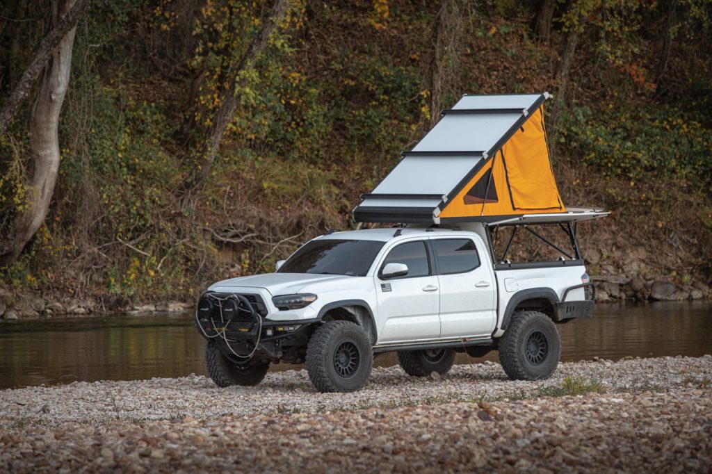 White 3rd Gen Tacoma With White GFC With Tangerine Dream Tent Material & Superwinch SX10SR