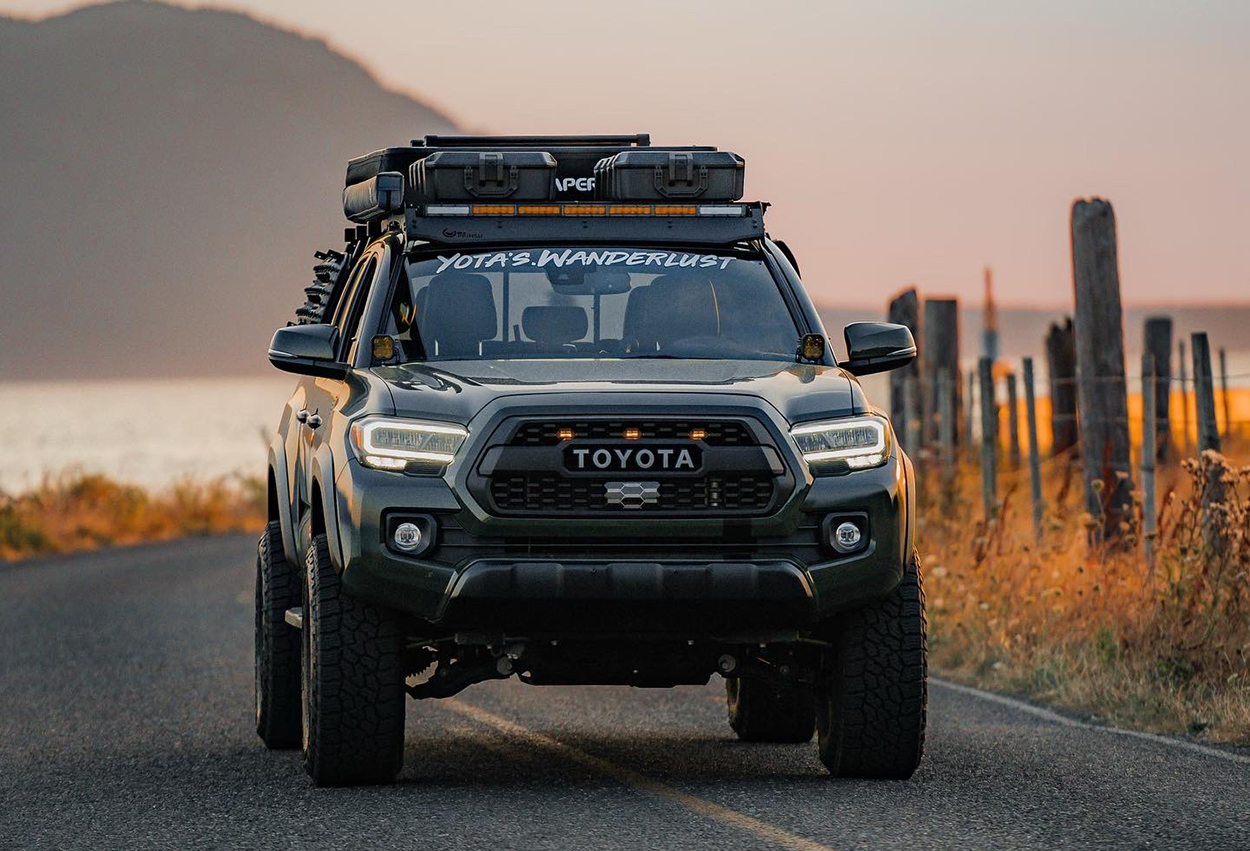 Army Green TRD OR Tacoma with Prinsu Roof Rack & TRD Pro Grille