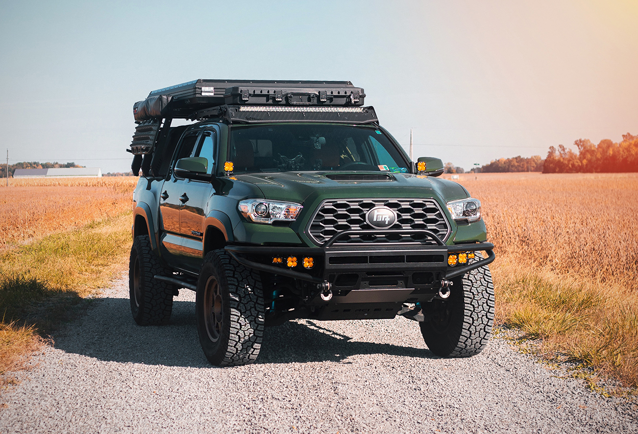 Army Green Tacoma with Uptop Overland Softopper Truss Rack, Hybrid Tube Bumper