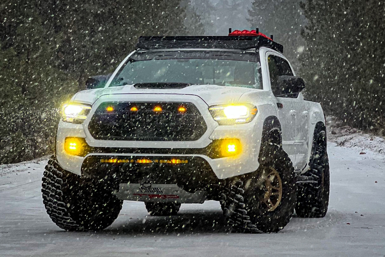 TRD Pro Tacoma with Recovery Boards on Roof Rack & Yellow Fog Lights