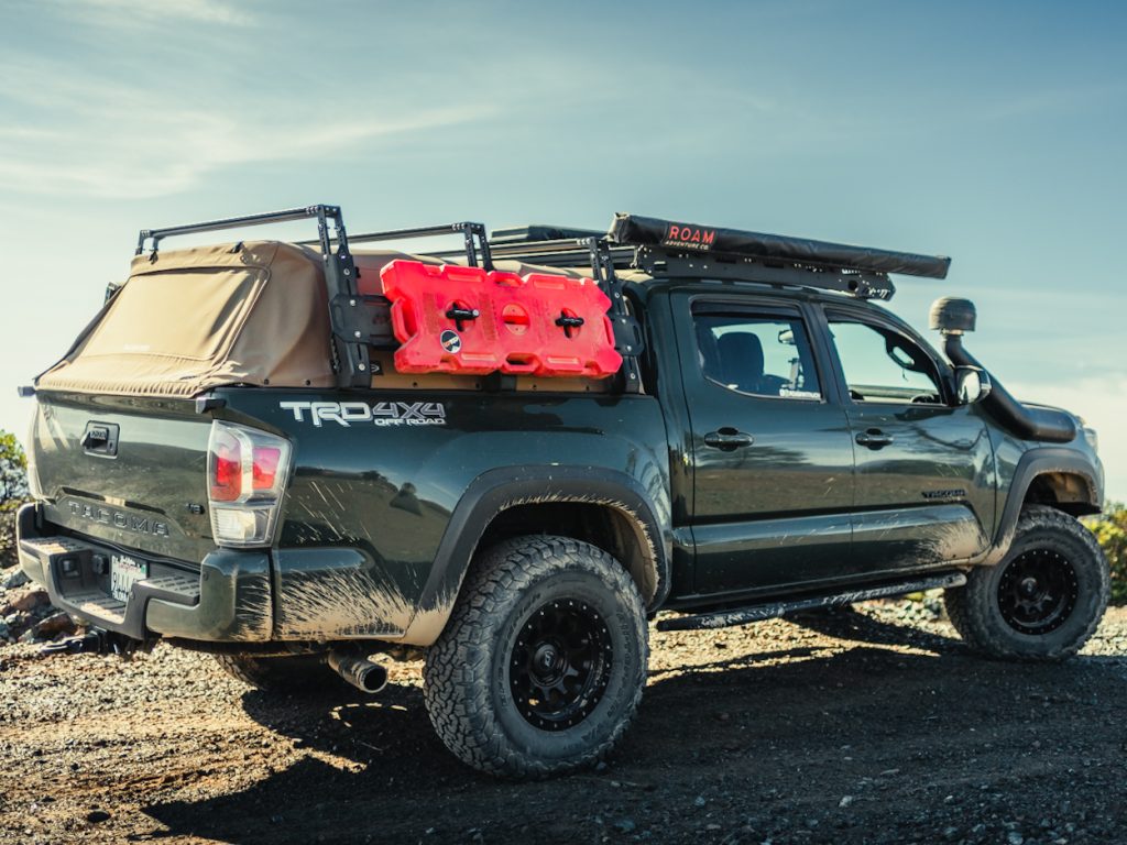 Army Green 3rd Gen Tacoma With Beige Softopper & upTOP Overland Compatible Bed Rack With Rotopax