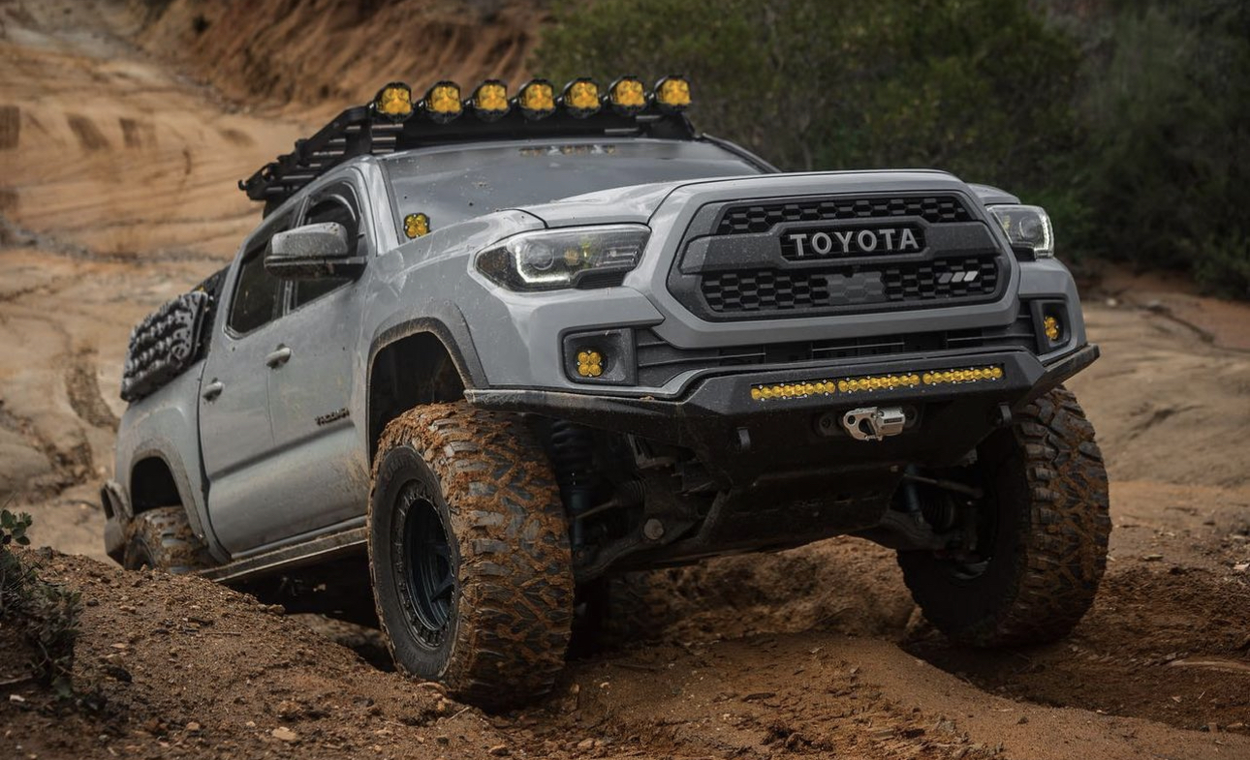 Cement 3rd Gen Toyota Tacoma With TRD Pro Grille & Slim Low Profile Front Bumper From Saints Offroad