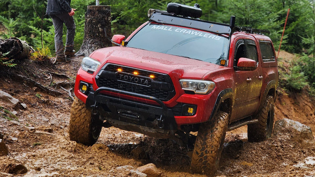 Red 3rd Gen Tacoma With C4 Lo Pro Front Bumper, Warn Winch & Factor55 Accessories