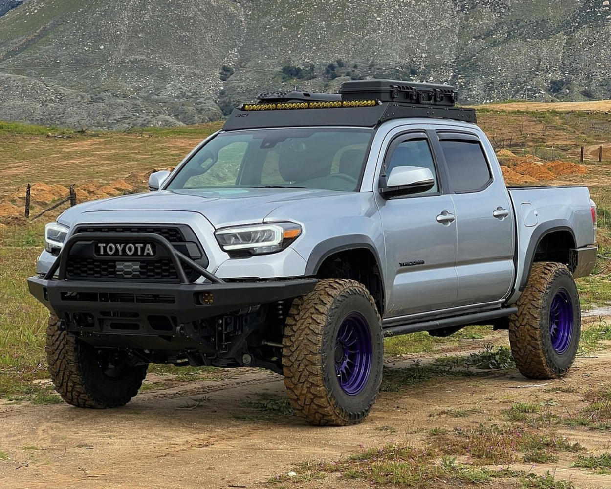 Silver 3rd Gen Tacoma w/ SSW (Summit) Dakar Wheels Powder Coated In Illusion Purple With BAMF Overland Front Bumper