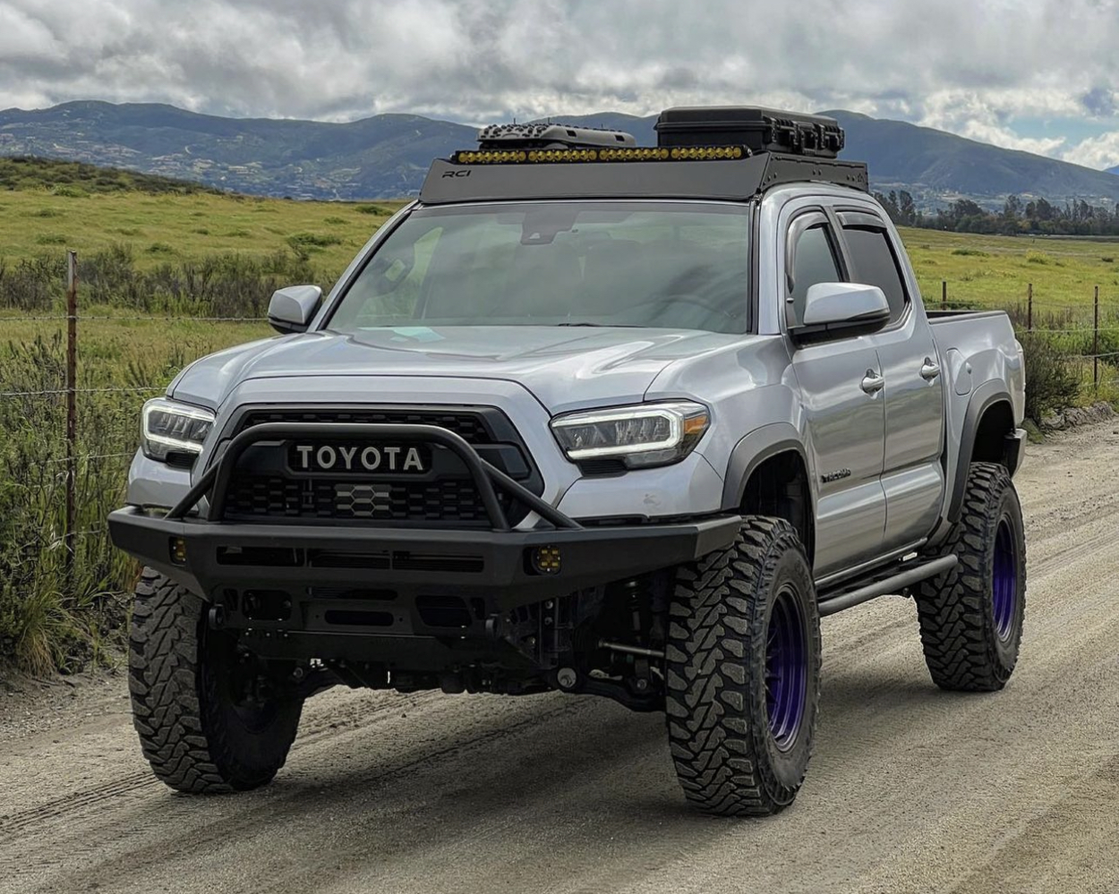 3rd Gen Silver Tacoma w/ Purple Powder Coated Wheels & RCI Roof Rack