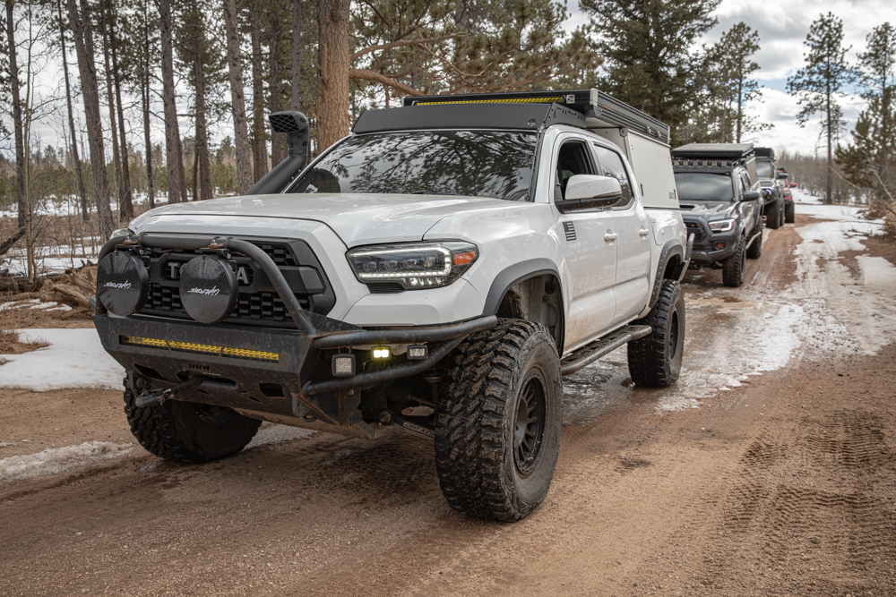 Lightforce LED Lights On Lifted Overland Build Super White 3rd Gen Tacoma On 35" Pro Comp Tires