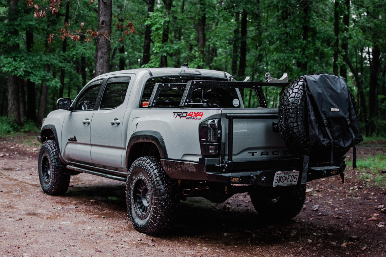 3rd Gen Tacoma with Backwoods Adventure Mods Rear Bumper and DIY Spare Tire Carrier