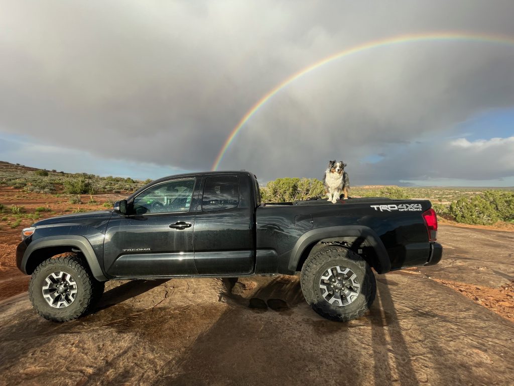 Stock black Toyota Tacoma TRD Off-Road parked on slick rock in the Moab, Utah desert with dog on truck bed and rainbow in background.