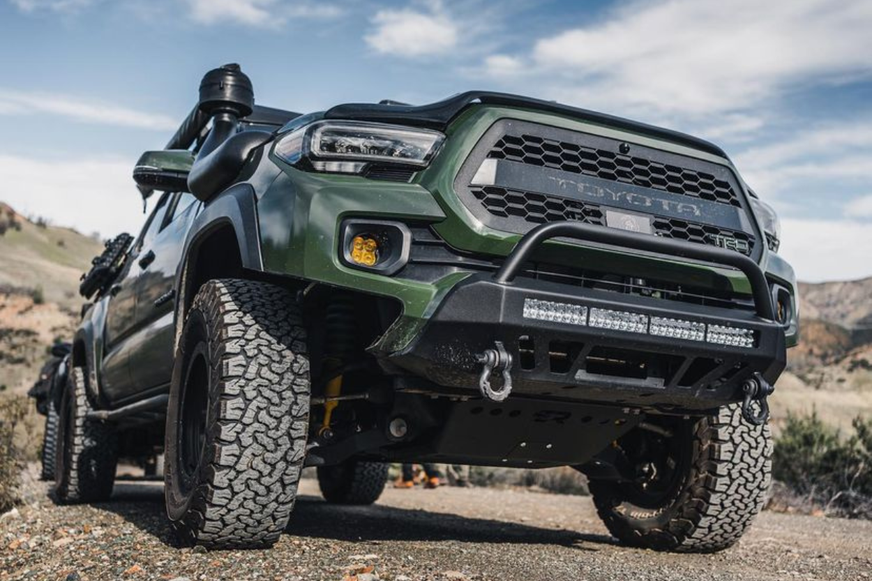Lifted Army Green 3rd Gen Tacoma with Cali Raised LED Complete Skid Plate Collection 