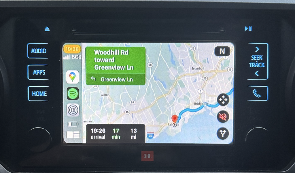 Toyota Tacoma Apple Carplay displaying Google Maps with Spotify playing
