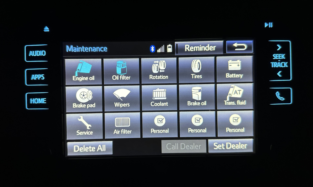 Toyota Entune Infotainment System Maintenance page