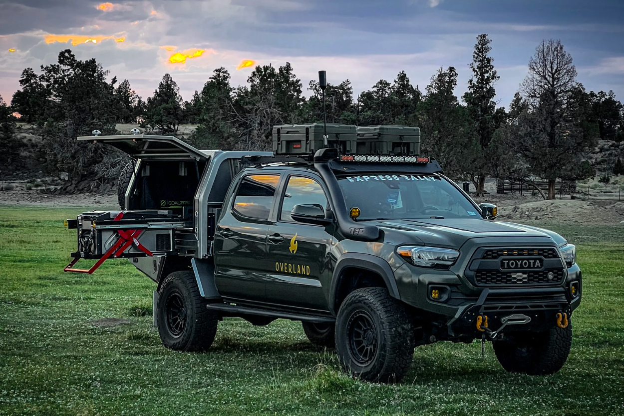 Army Green 3rd Gen Tacoma With Mits Alloy Flat Bed Tray & Canopy With Custom Camp Kitchen Setup